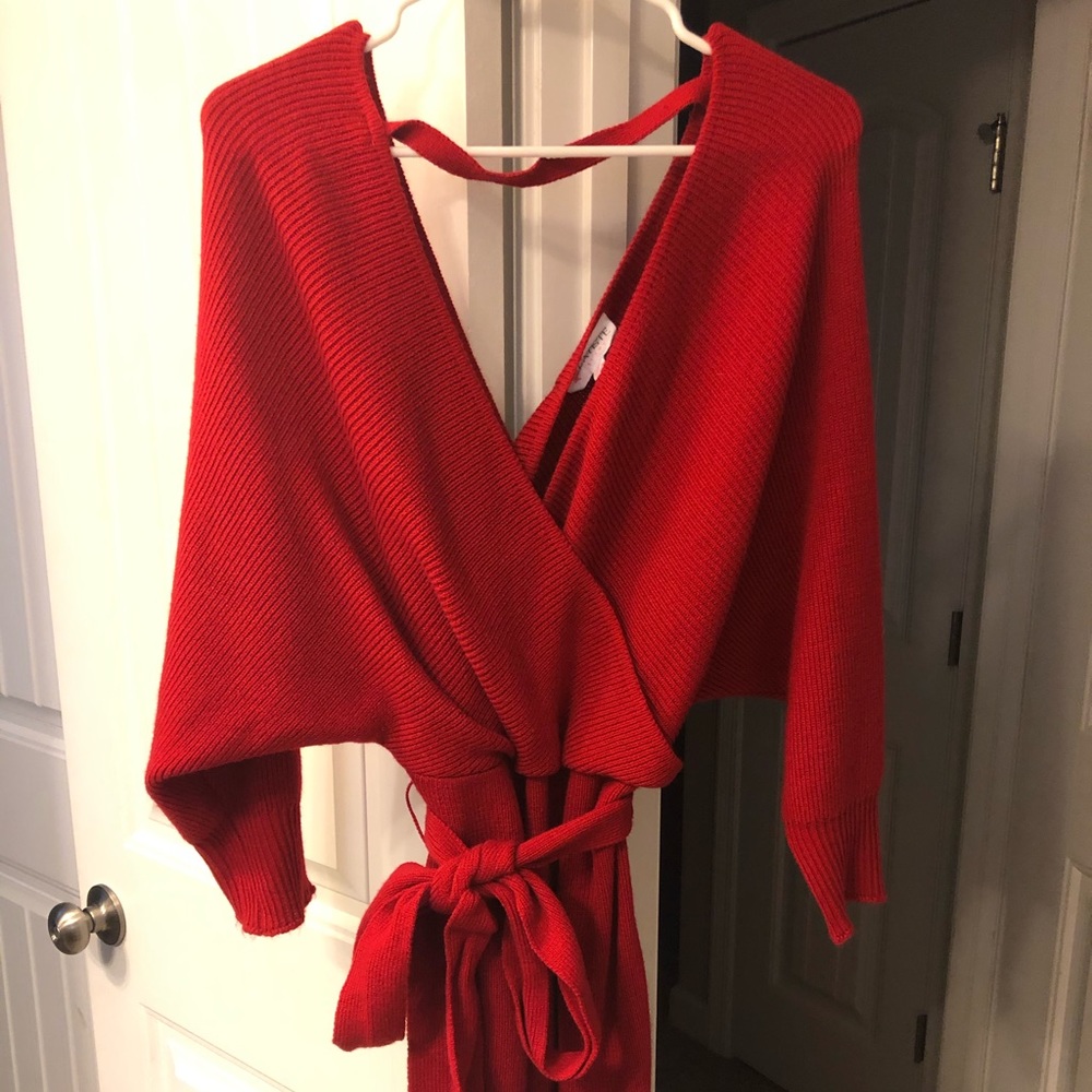 Red sweater dress, deep v, tie waist